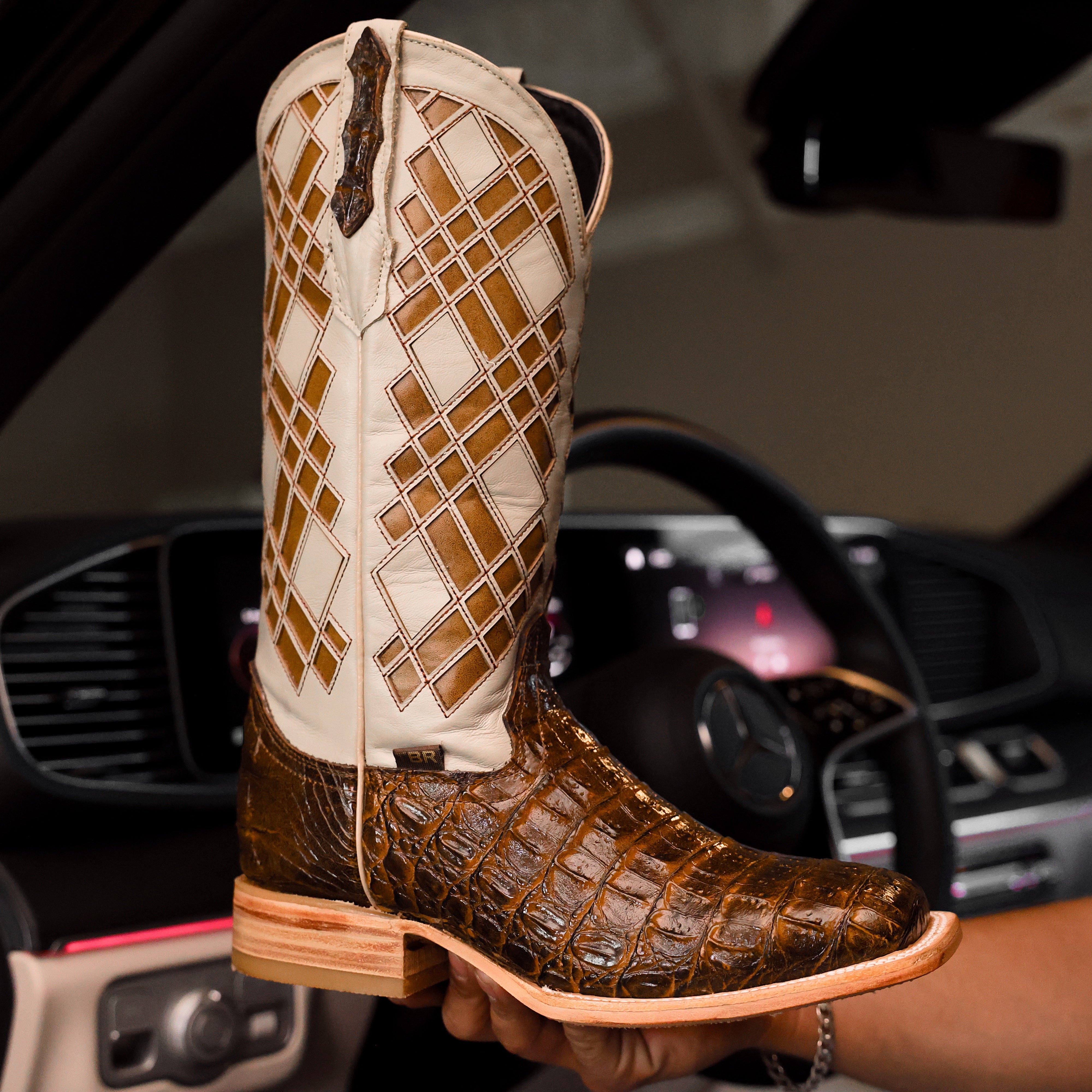 Honey Caiman Hornback Leather Boots - Square Toe