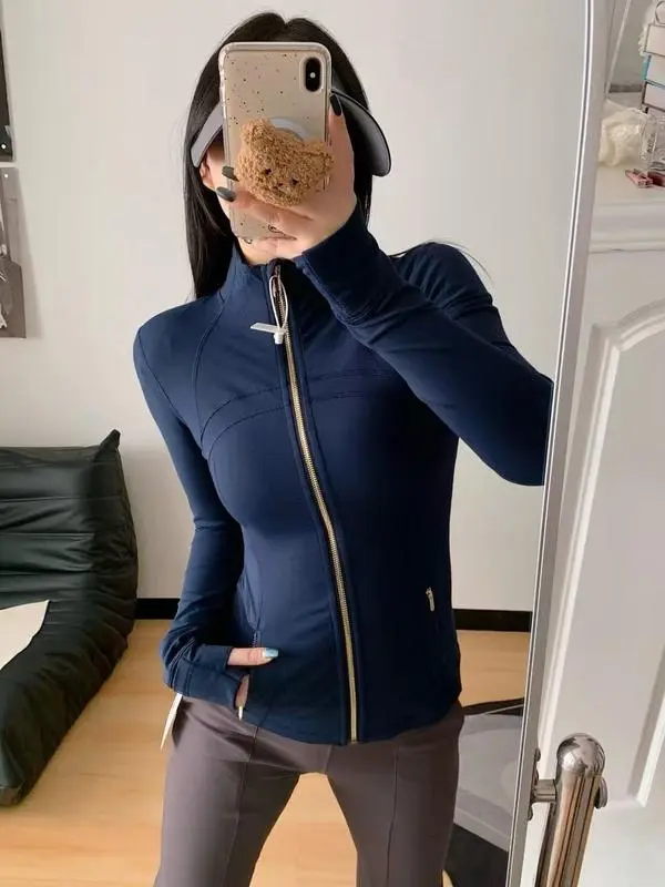 Women's Yoga Suit Gold Zipper Stand Up Collar Slimming Fitness Jacket