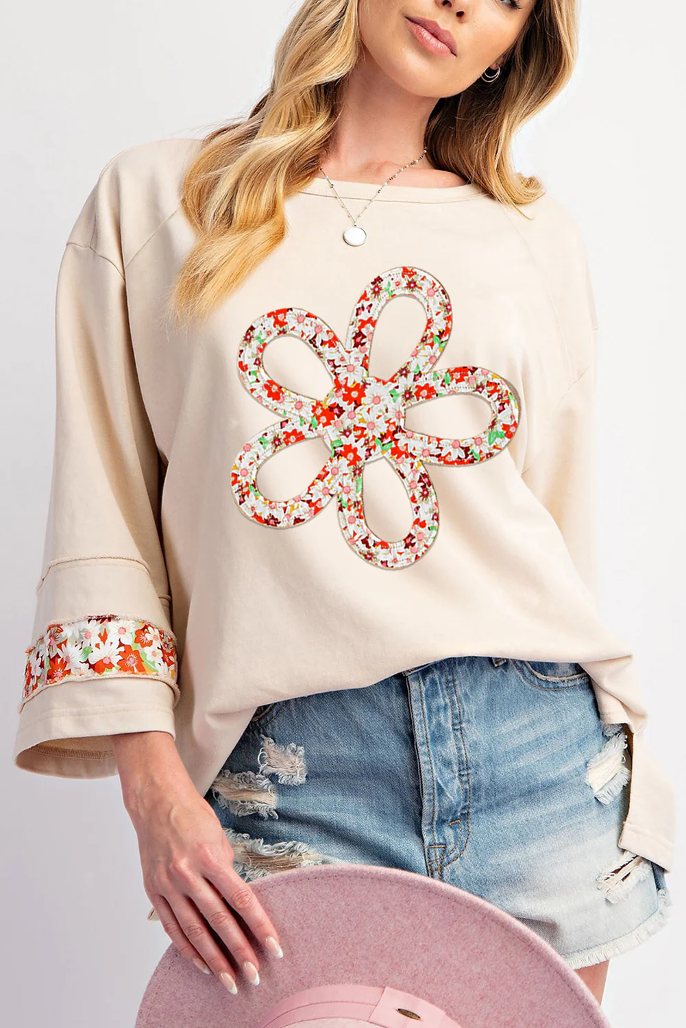 Jet Stream Floral Peace Sign Graphic Drop Shoulder Wide Sleeve Casual Top