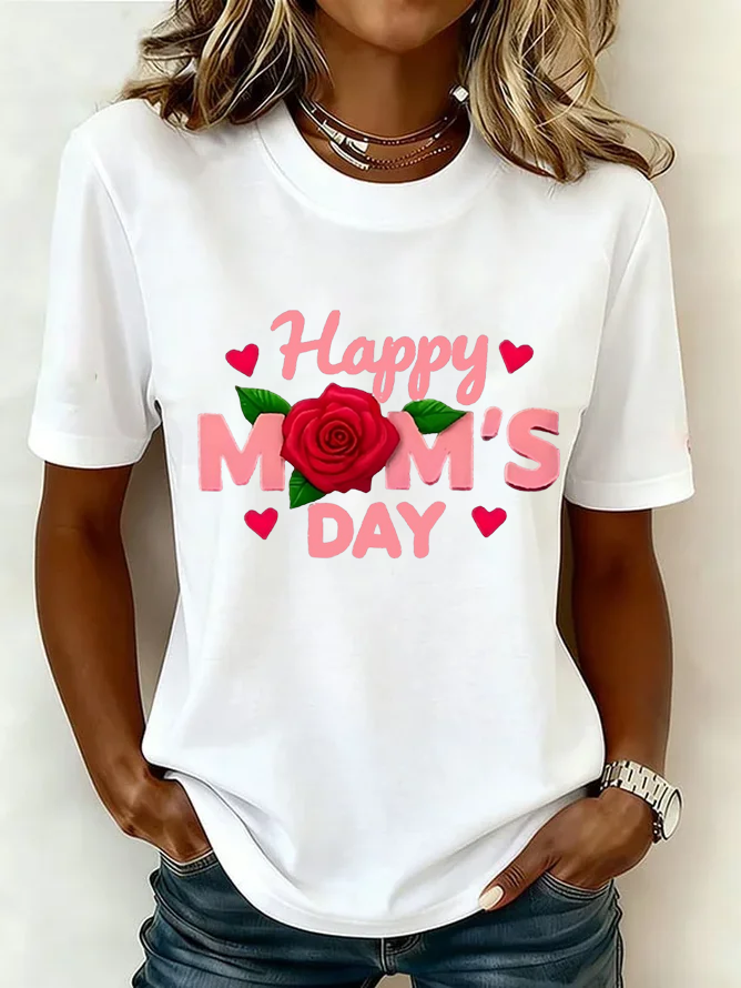 Women's Mother's Day Short Sleeve T-shirt Summer White Floral Printing Jersey Crew Neck Daily Going Out Casual Top