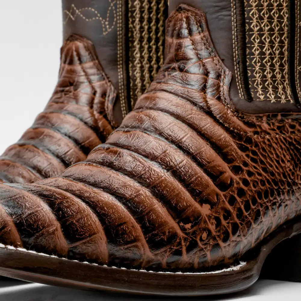 Brown Caiman Belly Leather Boots - Square Toe