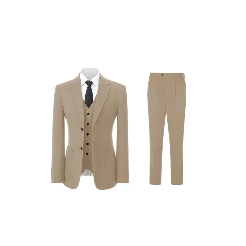 Men's Retro 3-Piece Tweed Herringbone Suit Set Two-Buttons Blazer Vest Pants Autumn New Arrival Formal Business Attire