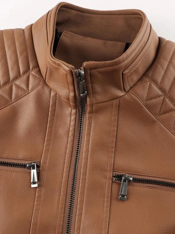 Men's Windproof Leather Jacket with Zipper Closure Solid Color Sport Style Pilot Motorcycle Model Multi