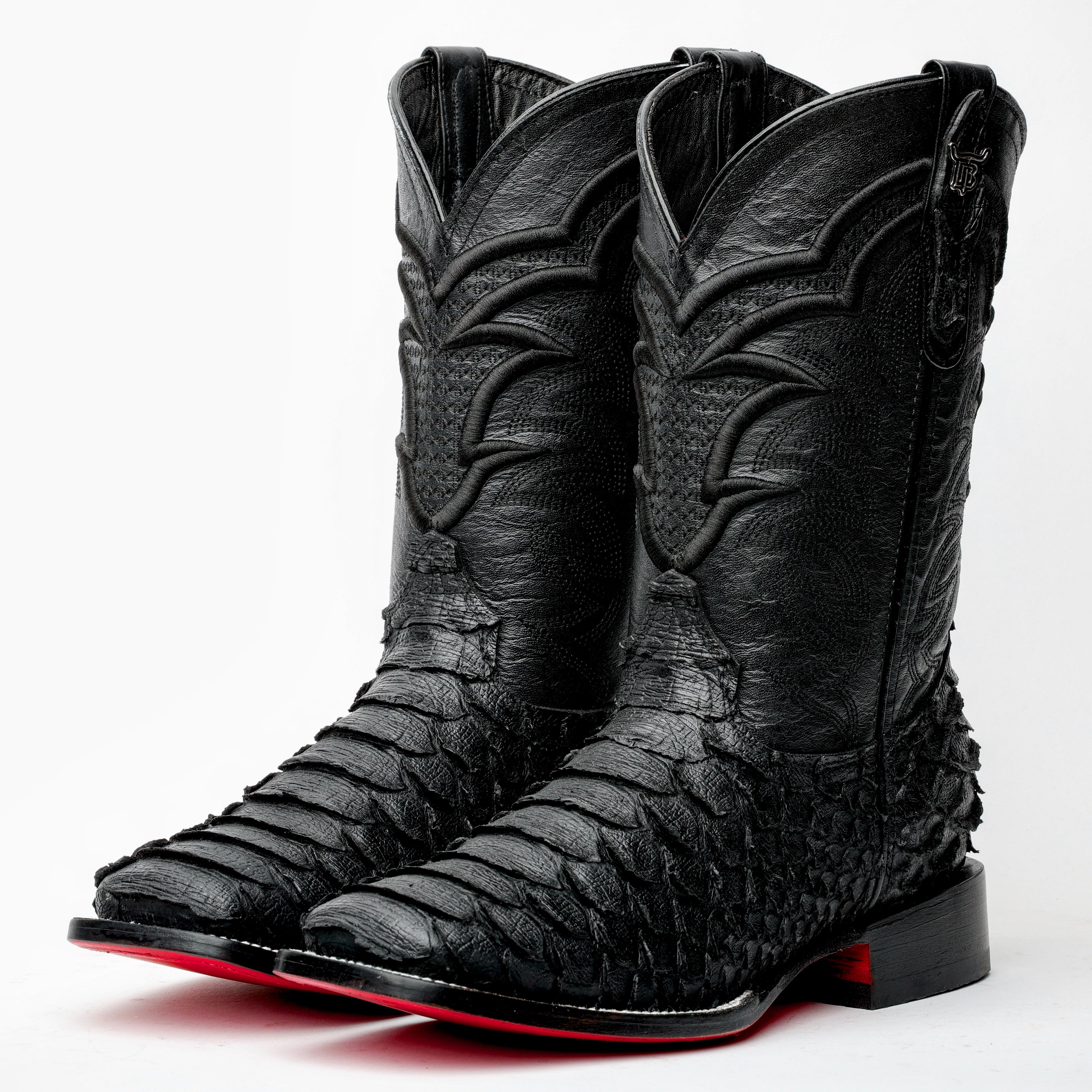 Matte Black Jumbo Python Leather Boots - Square Toe