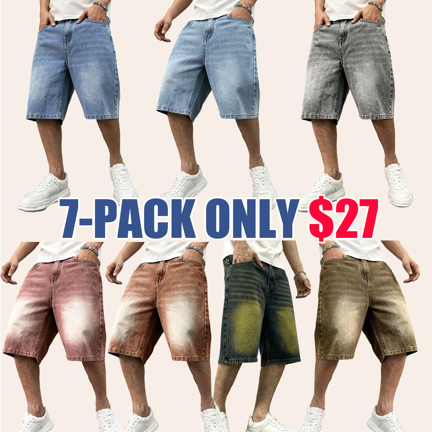 Men's washed retro color denim shorts