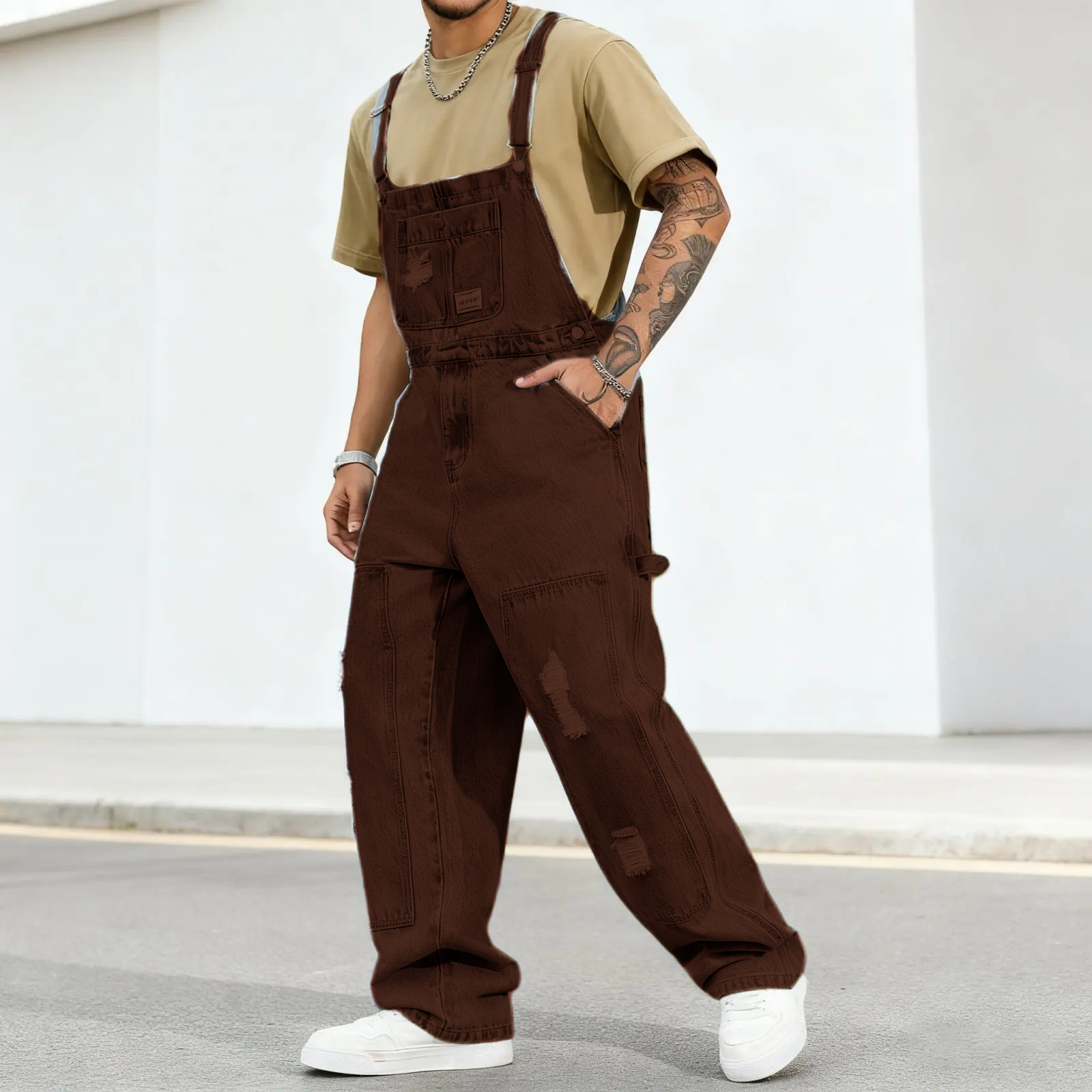 Spring Men's Letter Print Distressed Casual Versatile Denim Bib Overalls Hang