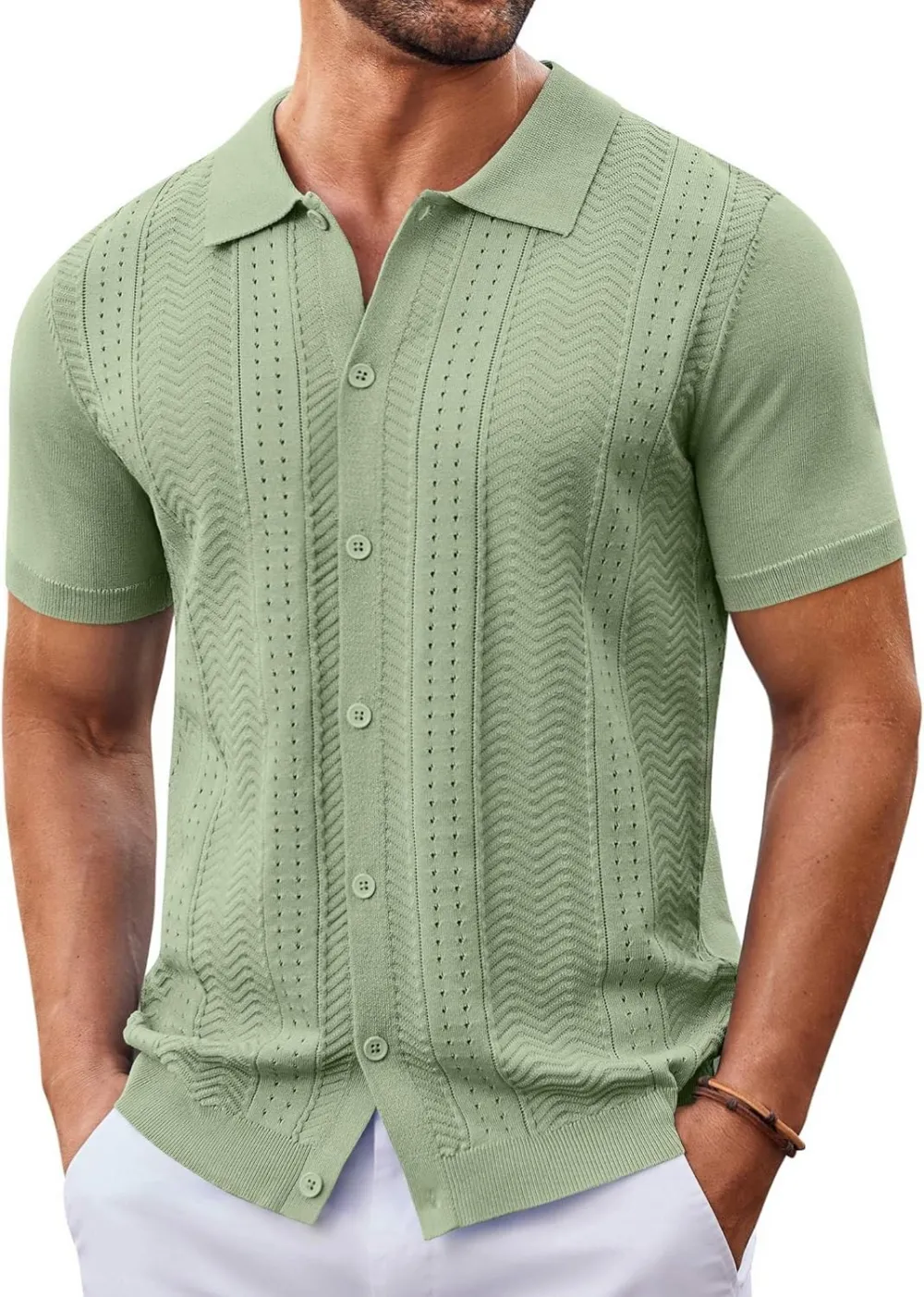 Mens Knit Button Down Shirt Short Sleeve Summer Casual Shirts Vintage Beach Vacation Shirts