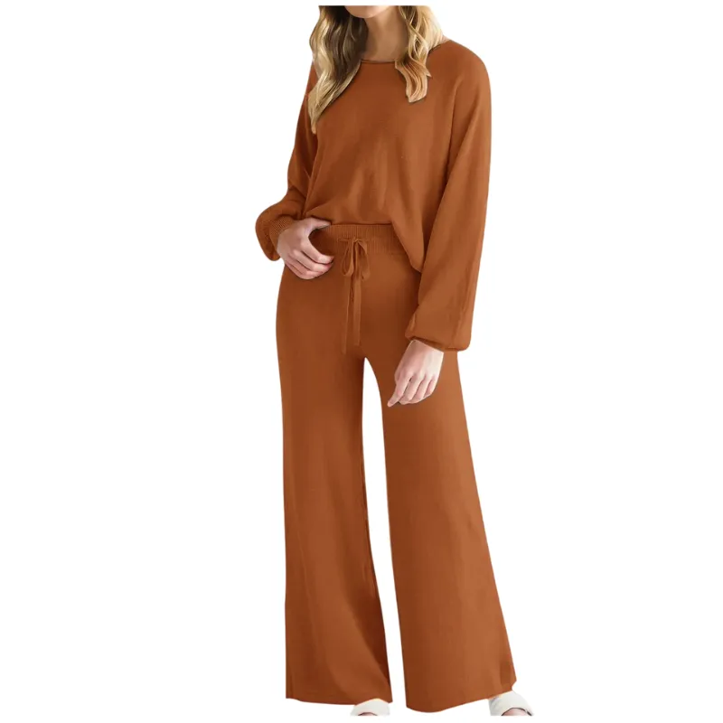 Womens Fall Winter Casual Solid Knitted 2 Piece Sets Long Sleeve