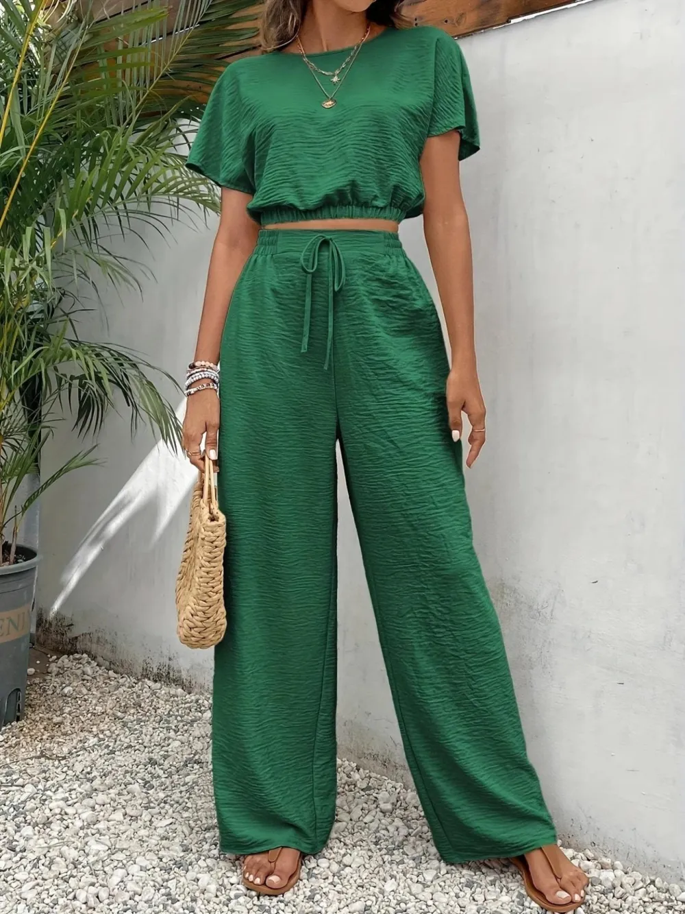 Women's Solid Color Fitted Top & Wide Leg Pants Two-piece Set, Casual Round Neck Top & Drawstring Waist Trousers for Summer