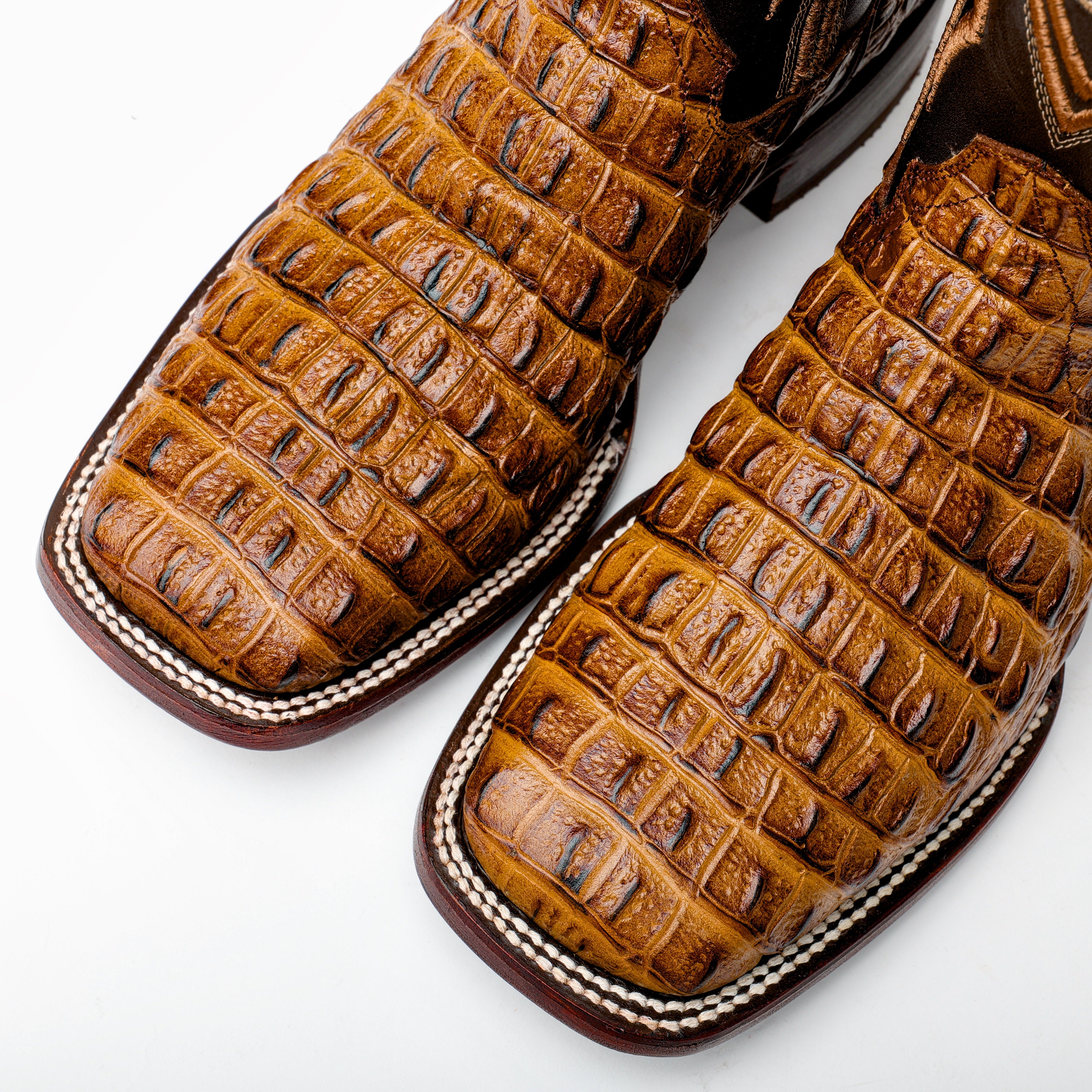 Honey Caiman Hornback Leather Boots - Square Toe