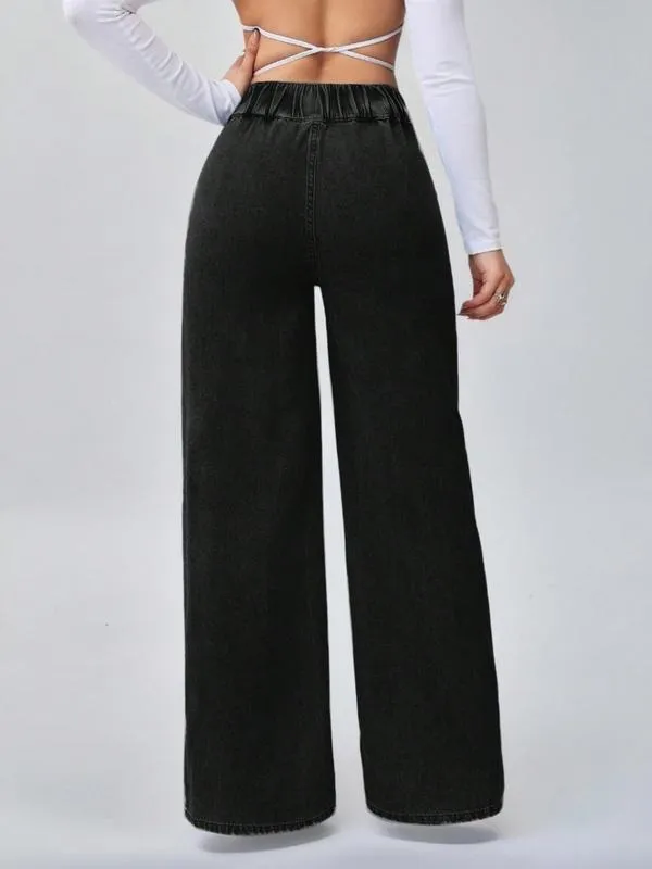 Women's Vintage Elegant High Waist Wide Leg Jeans, Button Front Elastic Waist Loose Fit