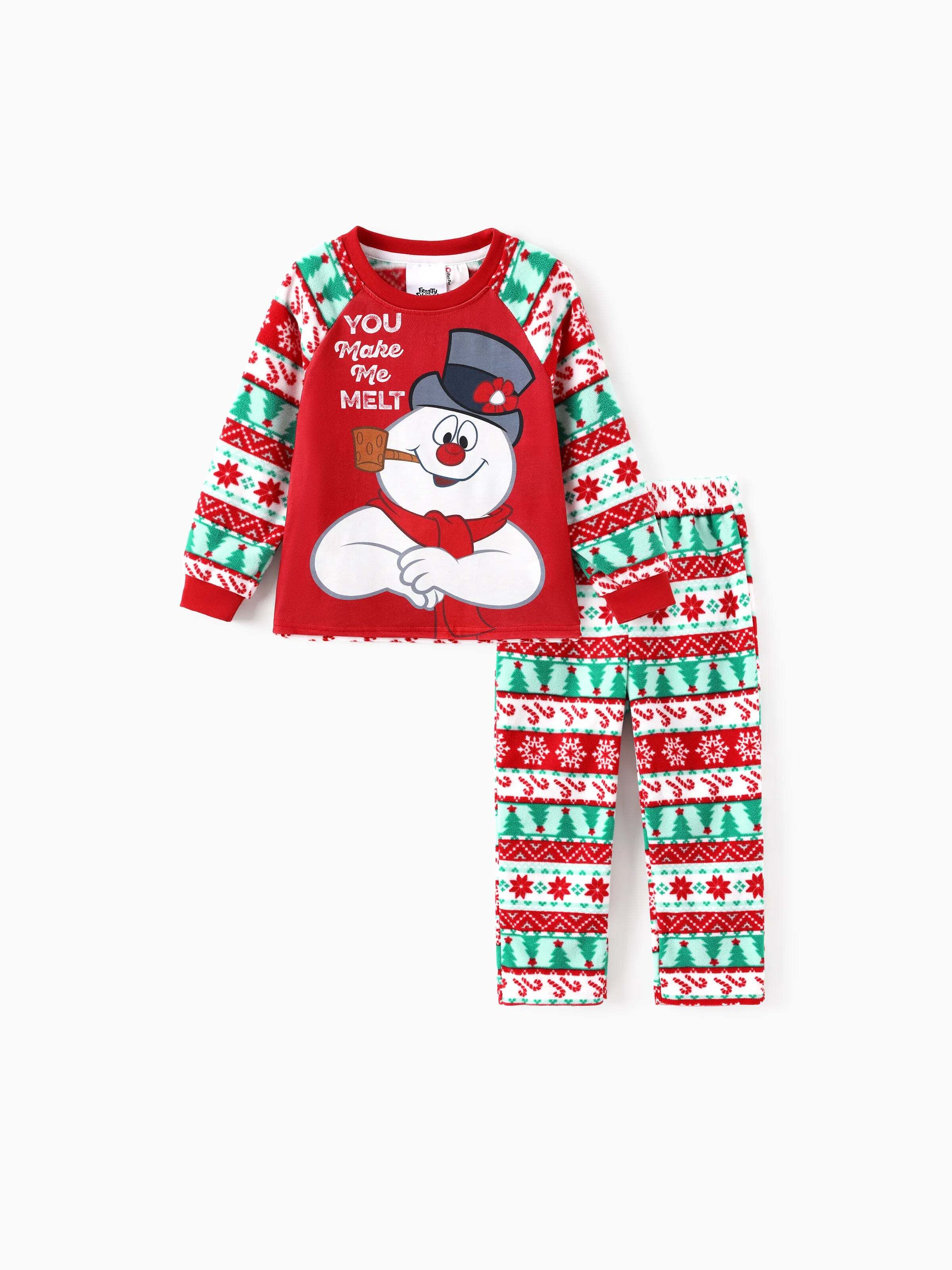 Frosty the Snowman Christmas Family Matching Fair Isle Pattern Polar Fleece Pajamas Set Red
