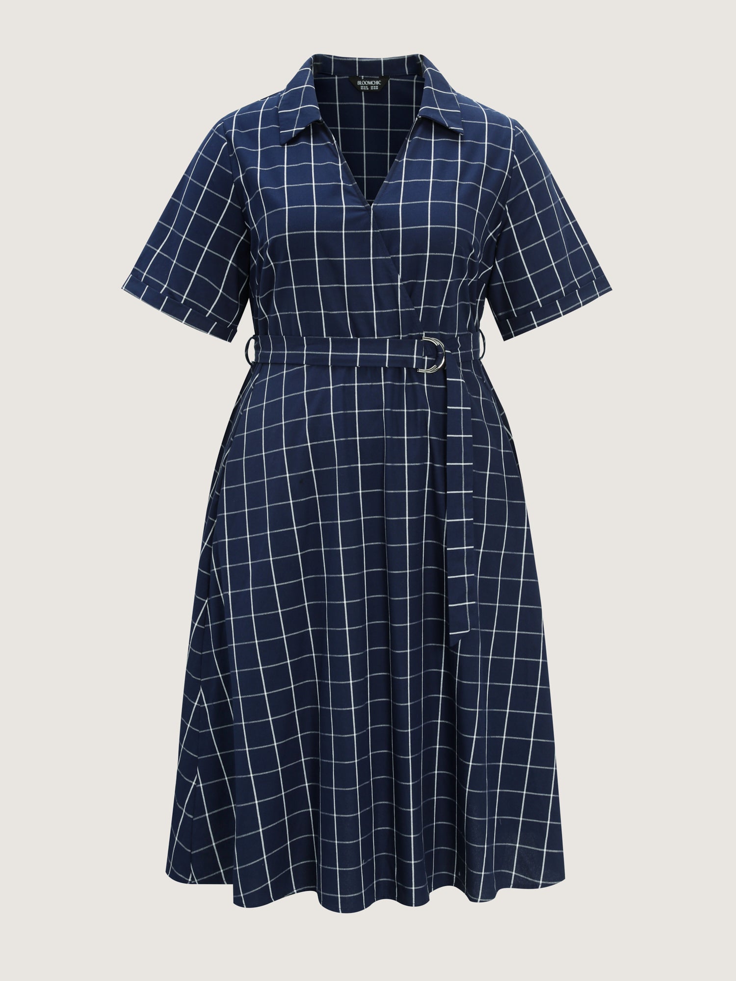 Cotton Checked Print Wrap Neckline Belted Midi Dress