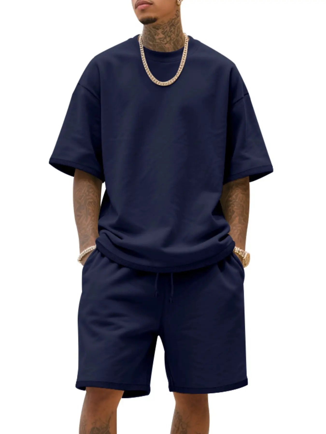 Men's Summer Casual Set, Pure Color Round Neck Short Sleeve Knit Tee & Shorts, Classic Loose Fit Sportswear, Comfortable Daily Wear Outfit