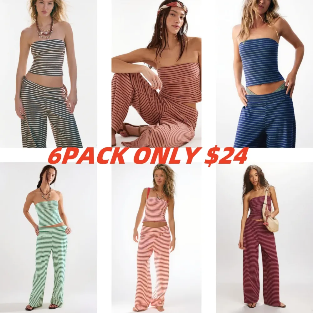 Women's Striped Print Crop Tube Top & Wide Leg Pants Set