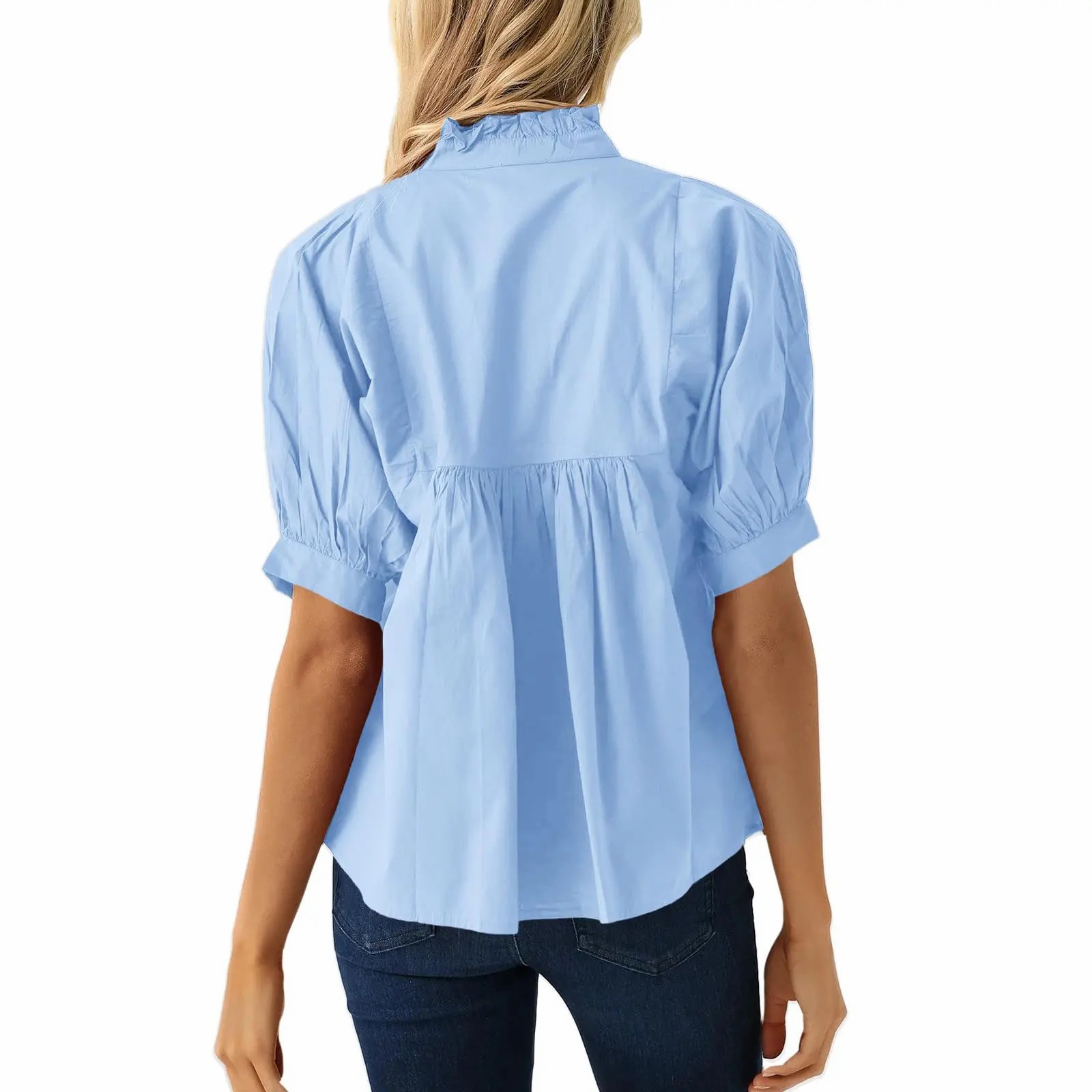 Women's V Neck Puff Sleeve Blouse – Babydoll Peplum Loose Fit Top