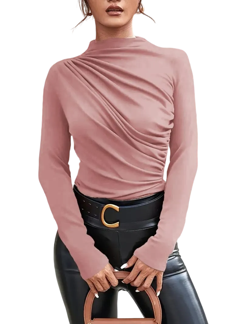 Women's solid color pleated turtleneck T-shirt