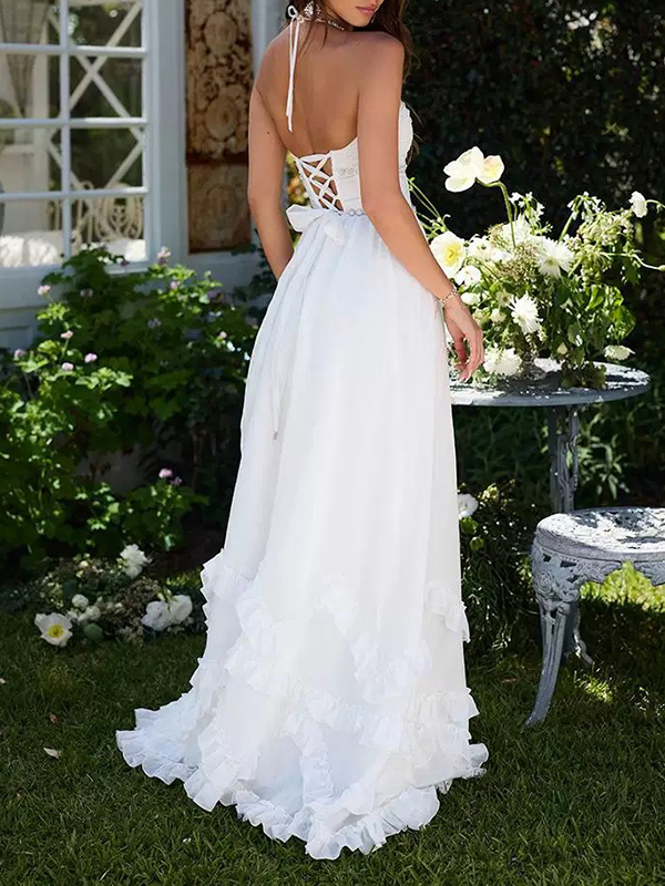White Color Euffled Sleevless Spaghetti-Neck Split-Side Maxi Dresses
