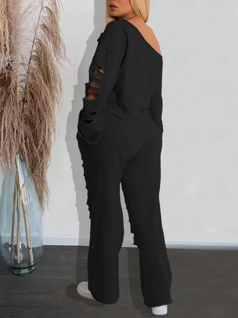 Women's Ripped Asymmetrical Neck Pullover & Wide Leg Pants Set