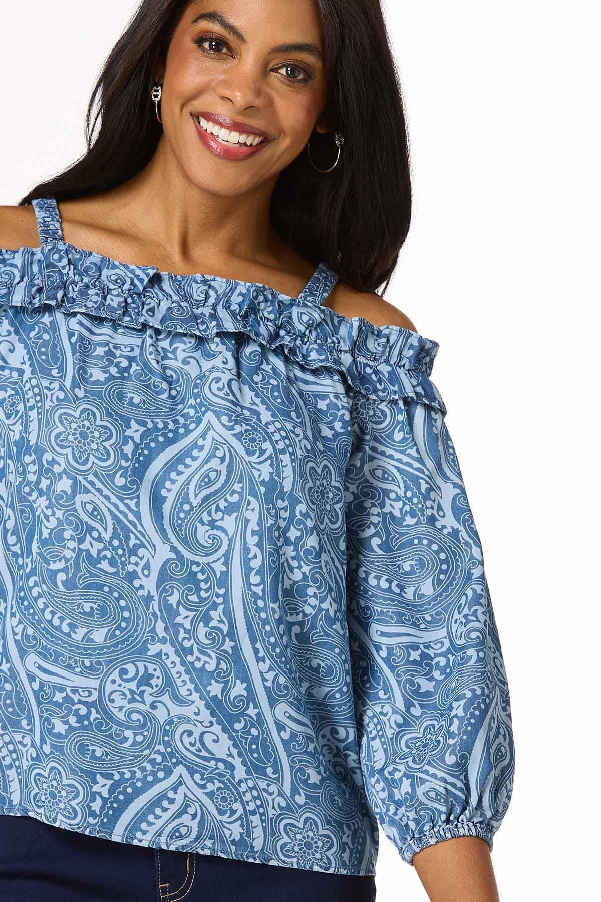 Chambray Paisley Cold Shoulder Top