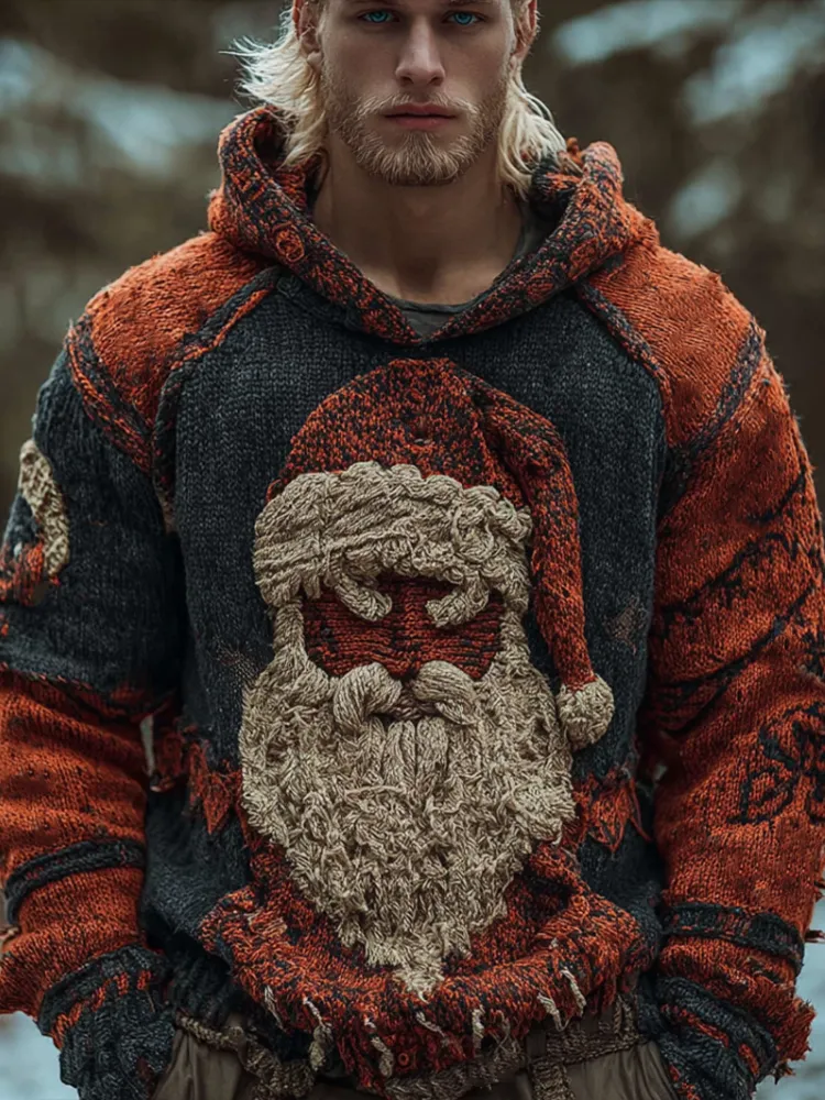 Halloween Viking Grotesque Santa Claus Men's Knit Hooded Sweater