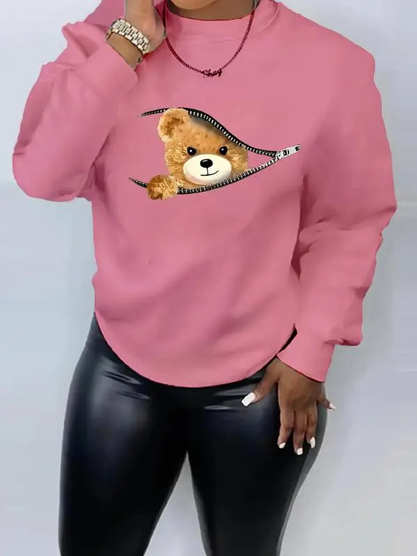 Women's Cartoon Bear Print Drop Shoulder Longsleeves