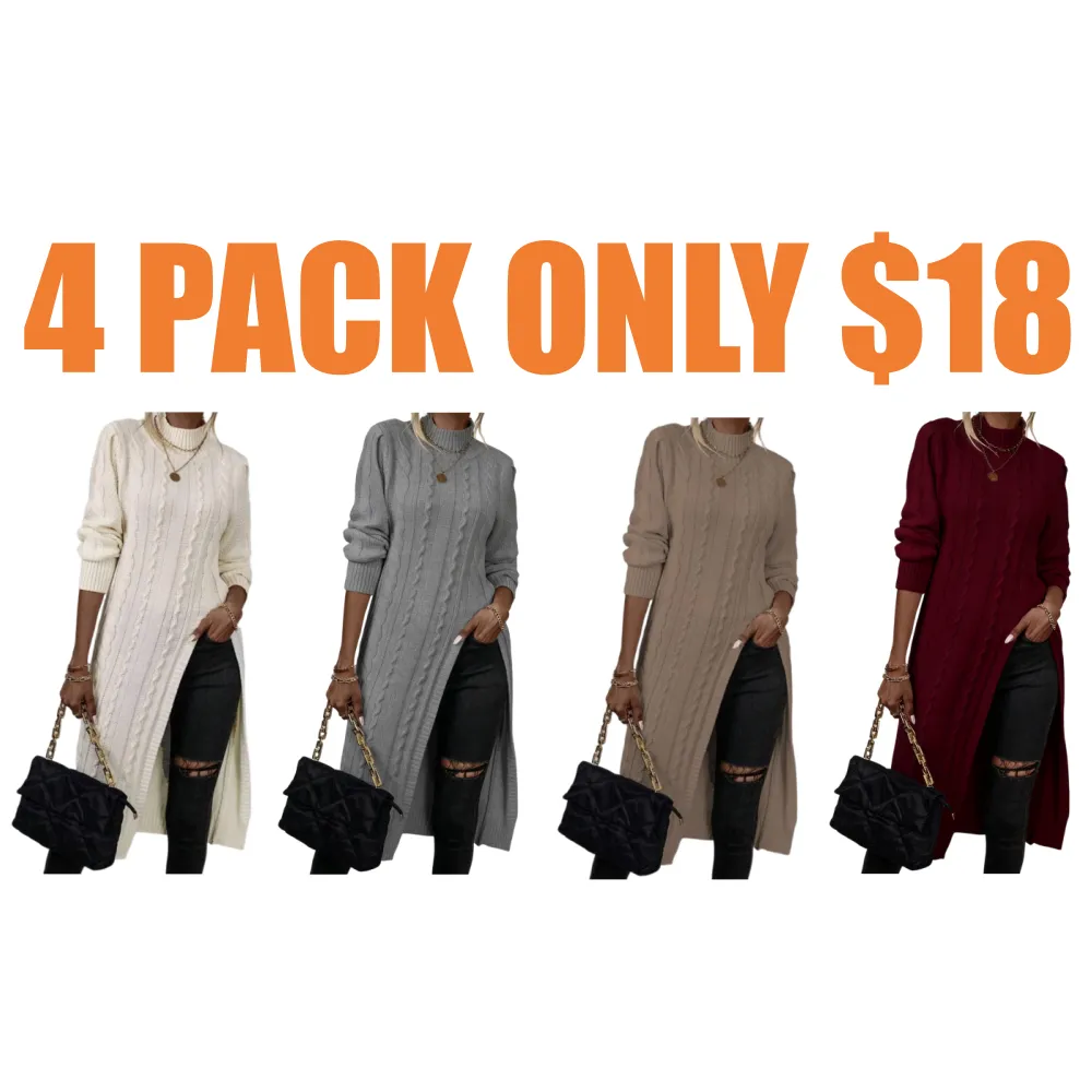 Sweater Mock Neck Split Hem Cable Knit Longline for Fall