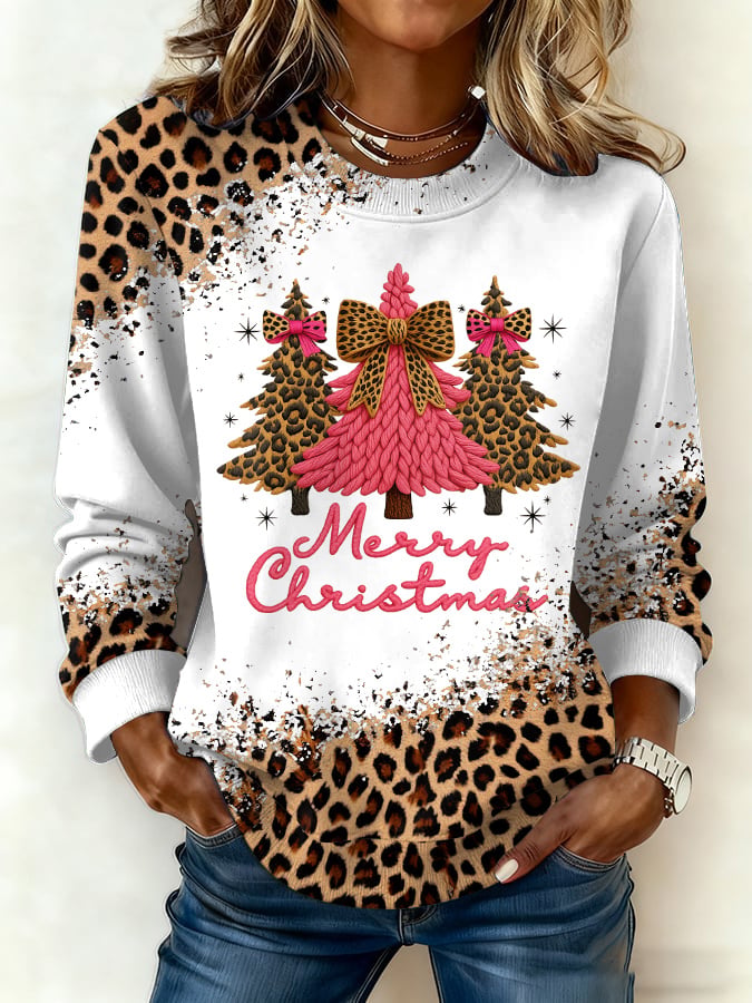 Women's Retro Western Leopard Print Christmas Print Casual Crew Neck Sweatshirt