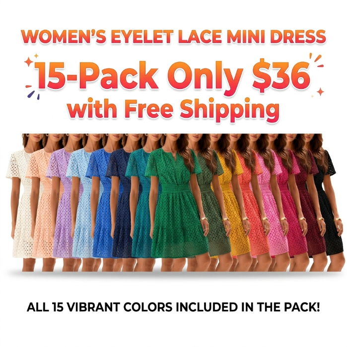 Women’s Eyelet Lace A-Line Summer Dress – V-Neck Ruffle Casual Mini Dress