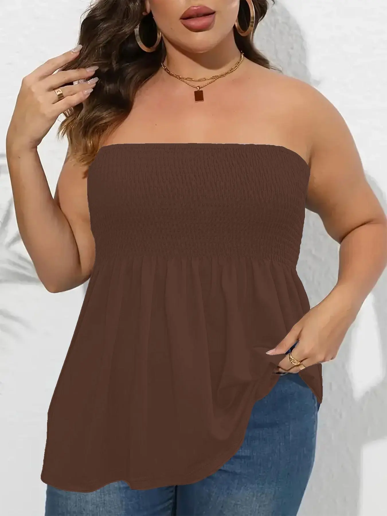 🔥🔥6 PACKS $24|Plus Size Solid Ruffle Hem Shirred Tube Top