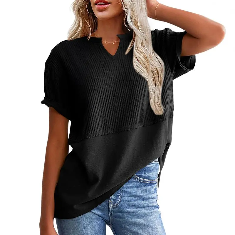 2026 Spring/Summer Cozy Oversized Waffle Knit V-Neck Top Women's Short Sleeve Pullover