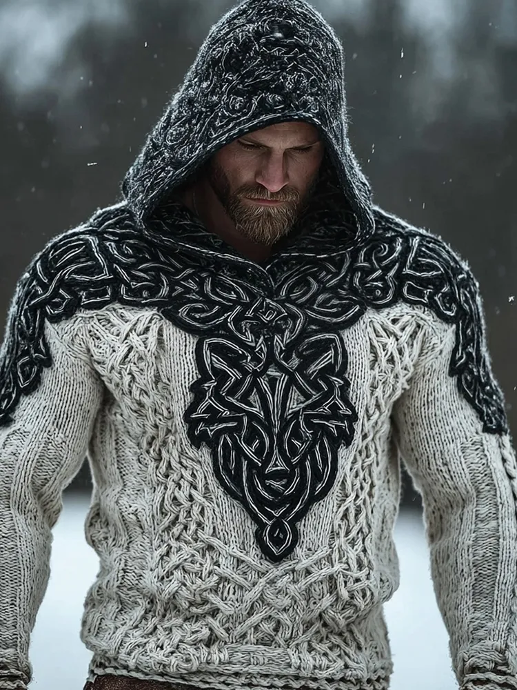 Men's Viking Inspired Celtic Wolf Cozy Hooded Sweater