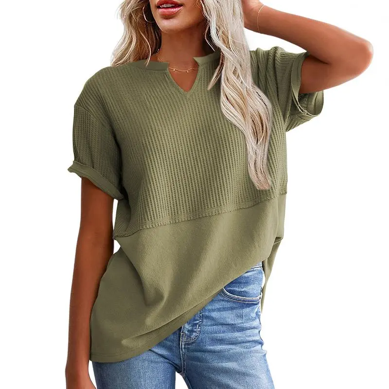 2026 Spring/Summer Cozy Oversized Waffle Knit V-Neck Top Women's Short Sleeve Pullover