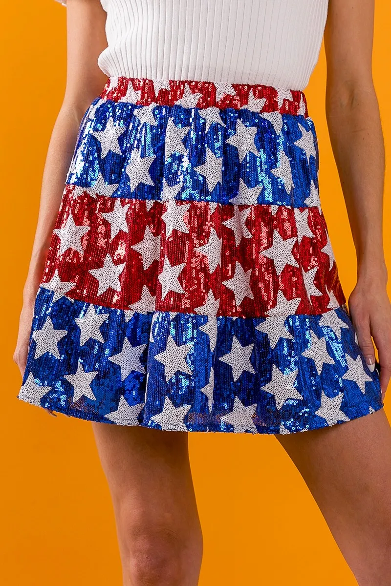 American Flag Theme Star Sequin Tiered Skirt