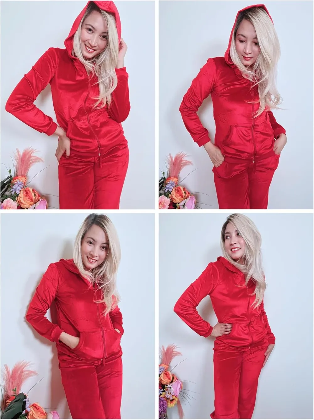 Women's Casual Velour Tracksuit Set Full Zipper Hoodie