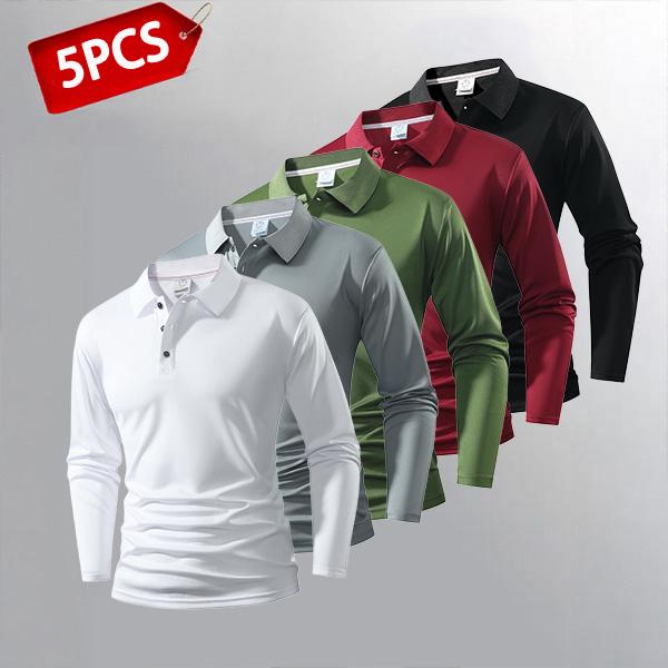 5-Piece Set Men's Long Sleeve Polos — Variety of Colors, Suitable for Everyday & Casual Wear Clothes Work White