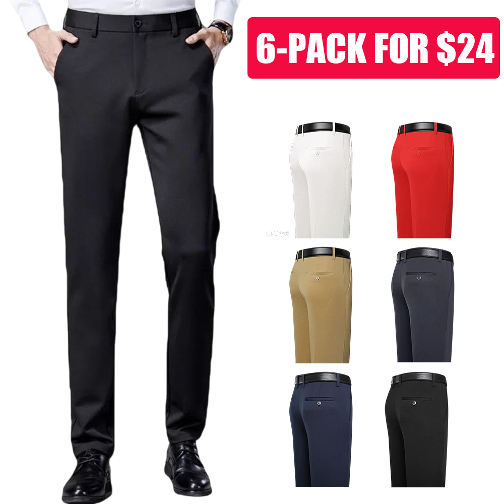 Men's Business Casual Trousers Formal Dress Straight Pants Elastic Black Navy Blue Plain Menswear Gamis