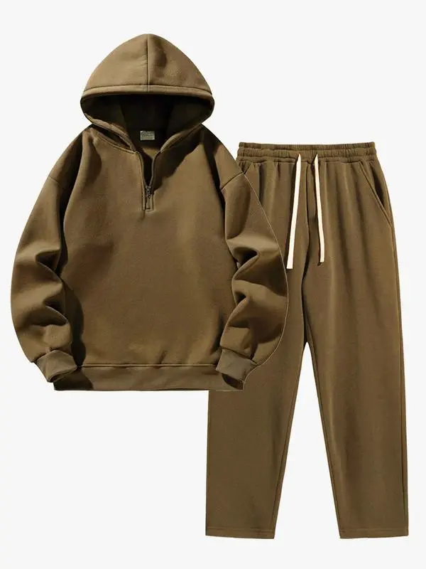 🔥Last Day Promotion 89% OFF🔥Men'S Plain Drop Shoulder Sweatsuit Set, Casual Half Zip Hoodie & Drawstring Sweatpants With Pocket