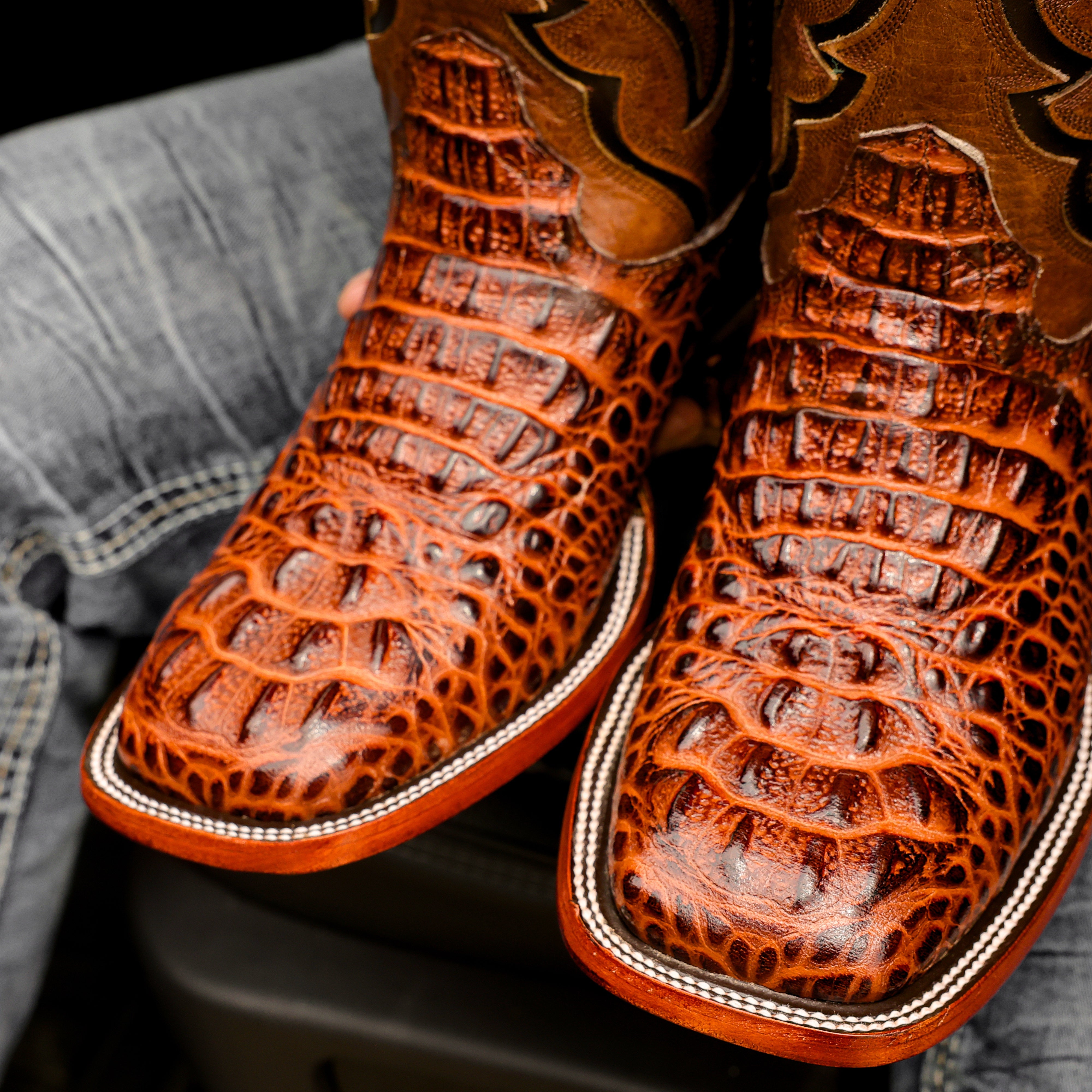 Cognac Caiman Neck Leather Boots - Square Toe