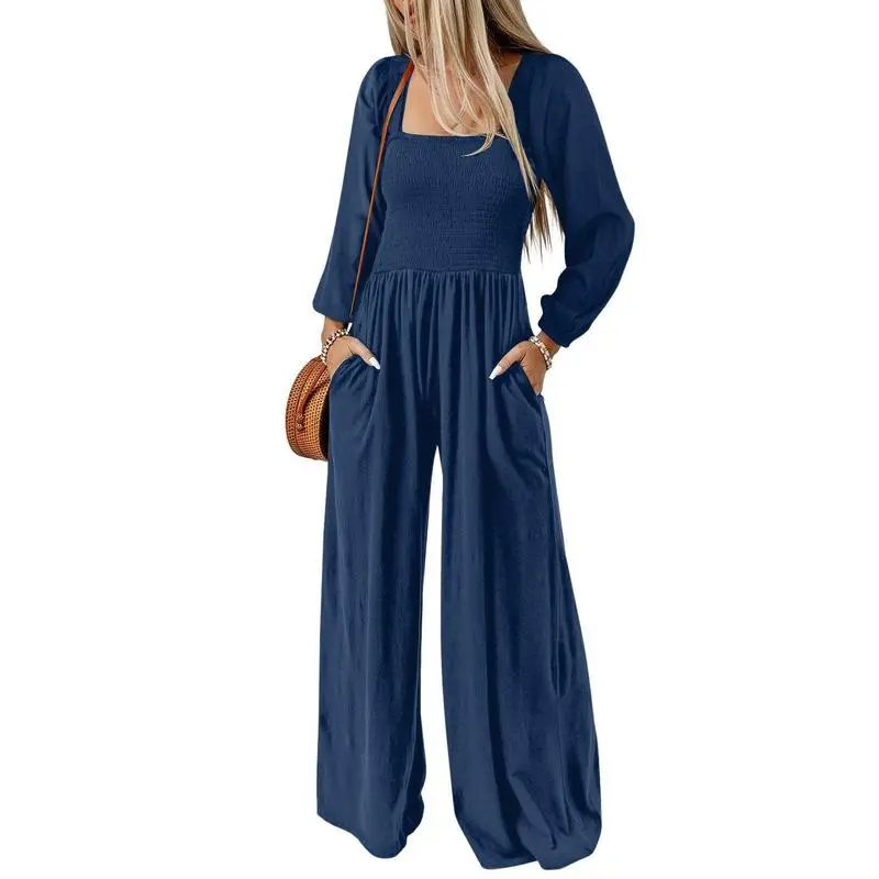 Women's Casual Loose Overalls Jumpsuits One Piece Long Sleeve Wide Leg Long Pant Rompers With Pockets