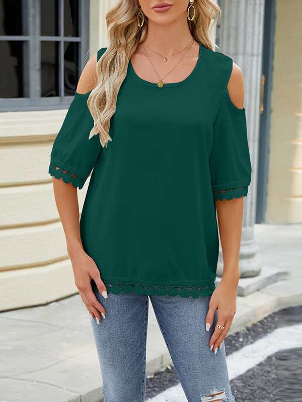 Solid Color Split-Joint Tasseled Loose Short Sleeves Cold Shoulder T-Shirts Tops