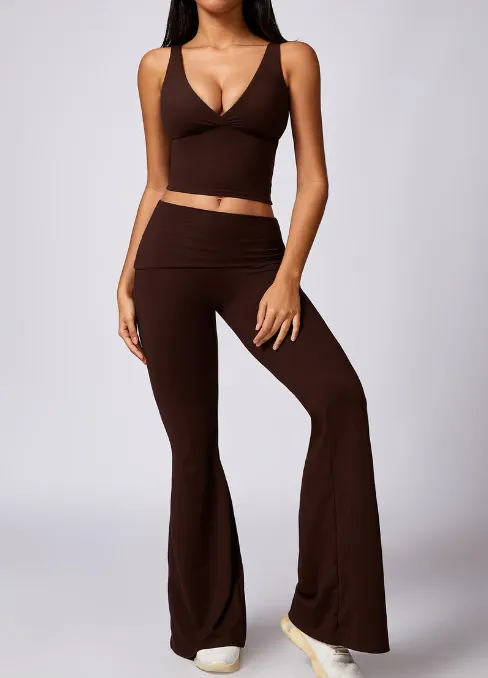 Women's 2-Piece Deep V Neck U-Back Tank & High-Waist Flared Leggings Set