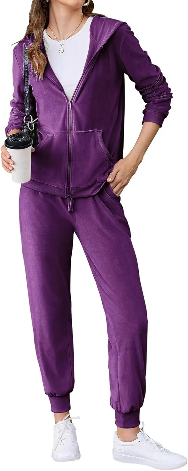 Women's Casual Velour Tracksuit Set Full Zipper Hoodie