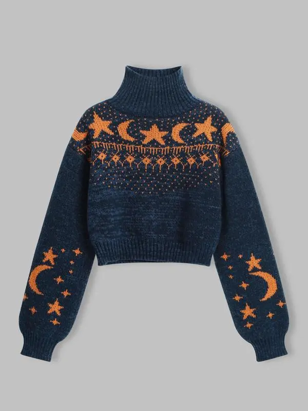 Women's Moon & Star Pattern High Neck Sweater