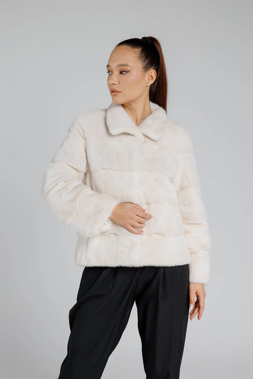 Haină din Blană Naturală de Vizon, Femei, Pearl 222