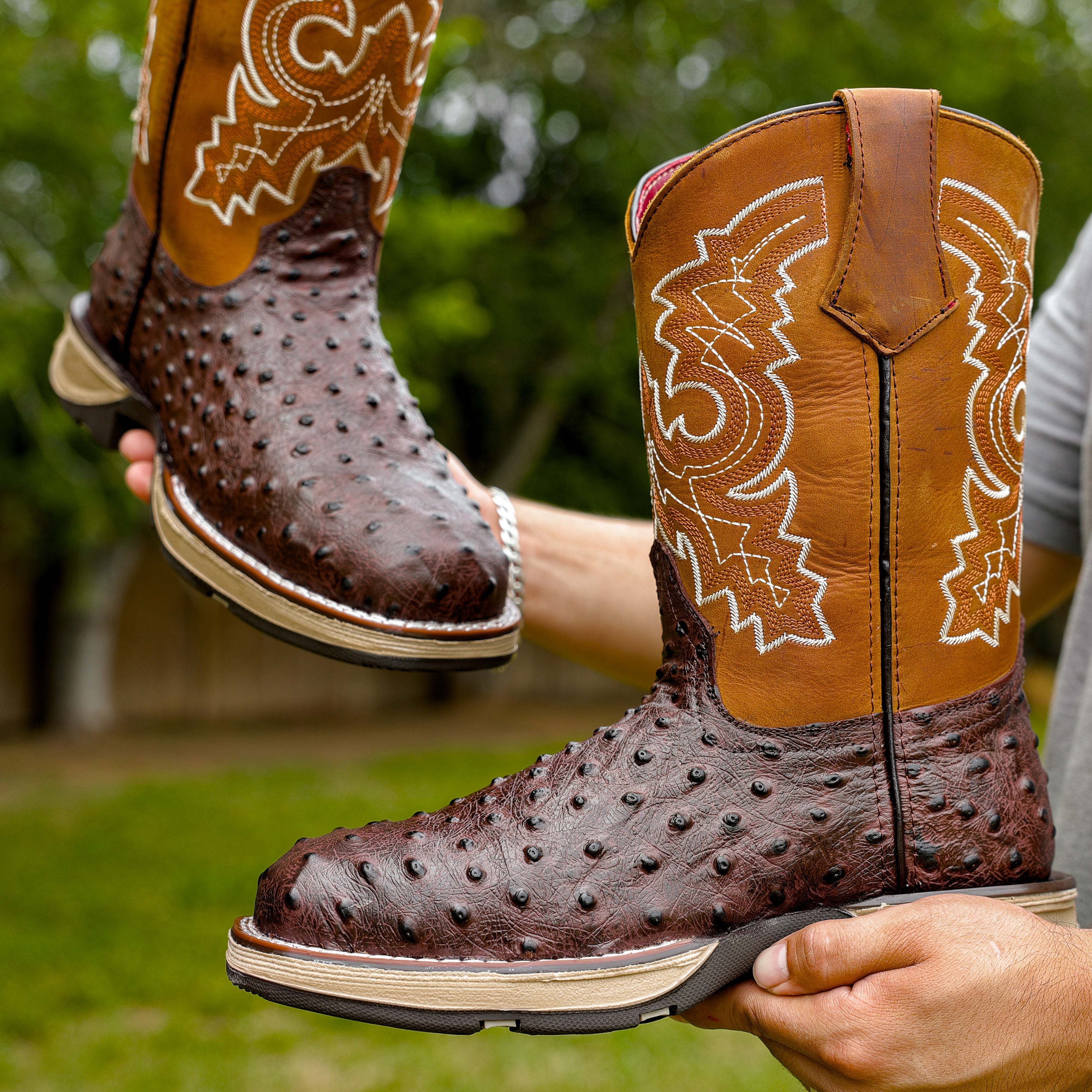 Brown Ostrich Leather Boots With 3D Lightweight Sole - Composite Toe