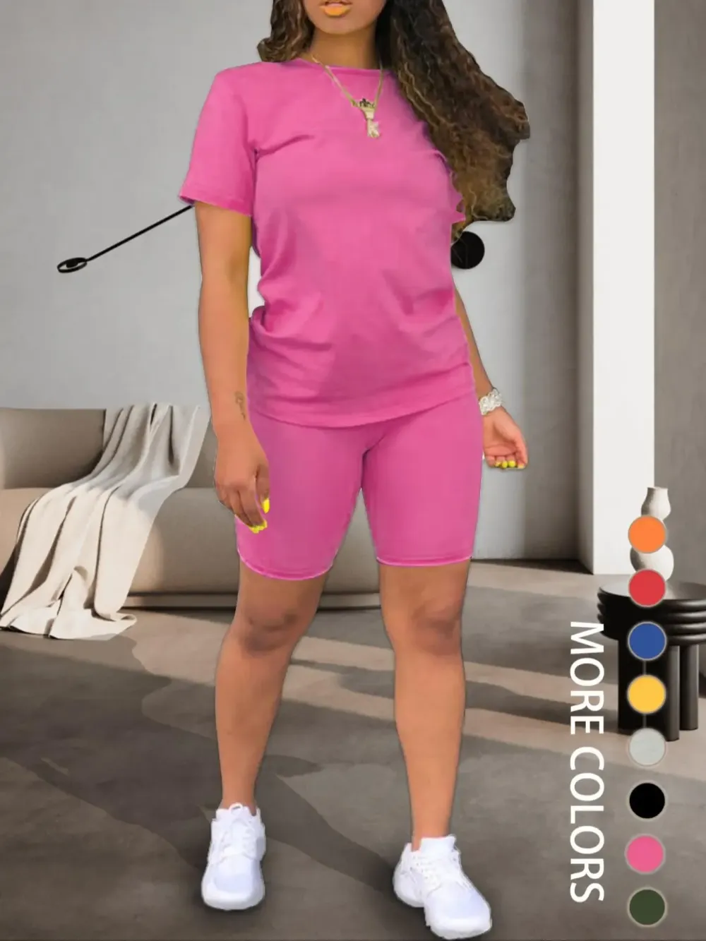 Two-piece Set Women's Fitted Plain Round Neck Tee & Skinny Shorts Set, Summer Clothes Women