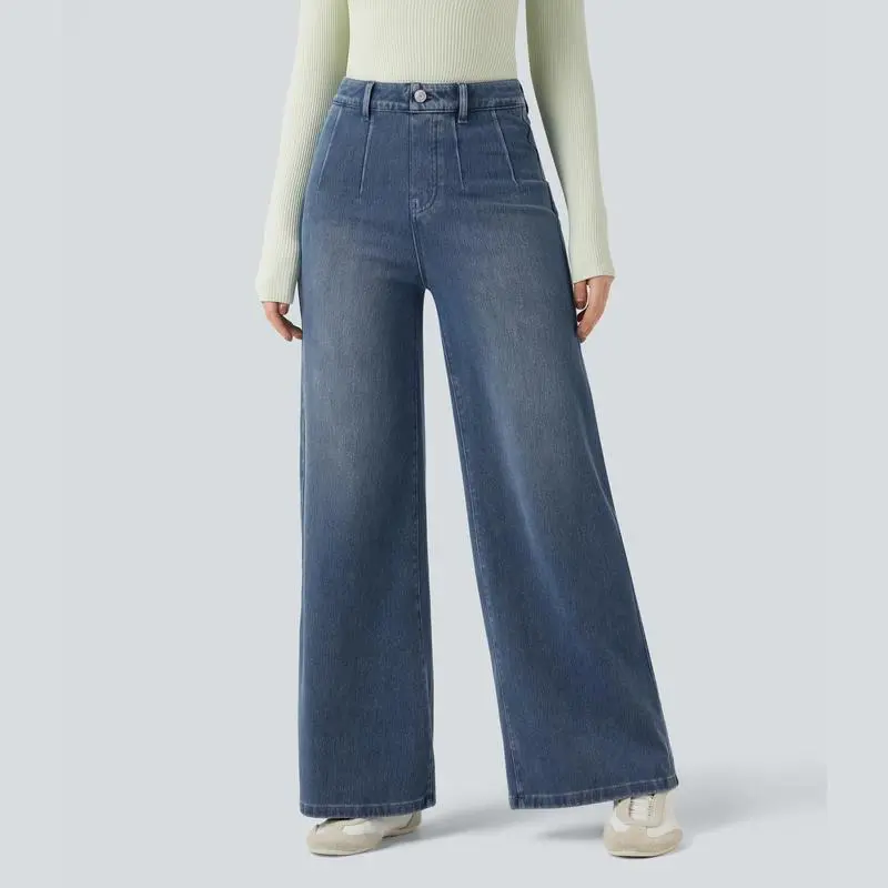 High Waisted Tummy Control Wide Leg Casual Jeans with Pockets