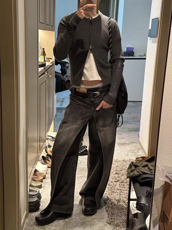 Pockets Reversible False Two Wide Leg Jean Pants Bottoms