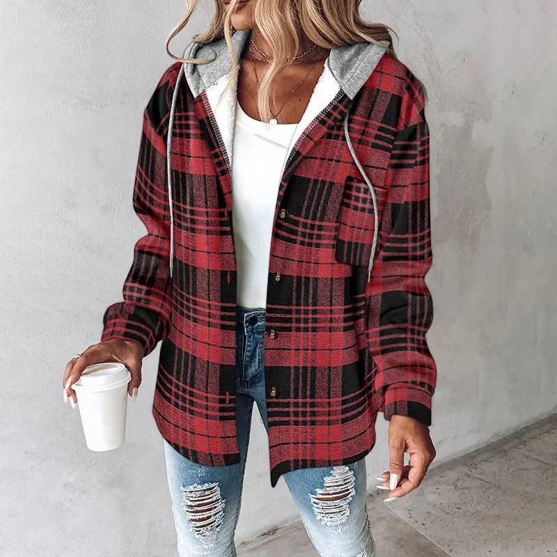 Women's Plaid Pattern Shacket  Hooded Jackets